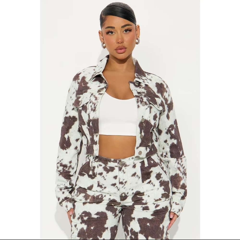 Fashion Nova Black and White Cow Print Jean Jacket